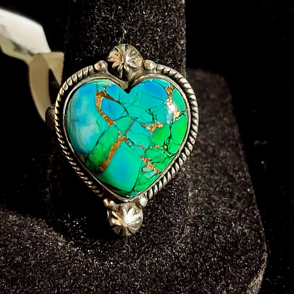 Kingman Peacock Dalia Heart Ring with Star Shots Sterling Silver Size 8 - Picture 2 of 8